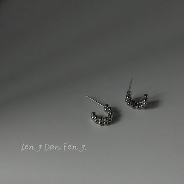 Silver Tone Beaded C Shape Mini Hoop Stud Earrings Pair