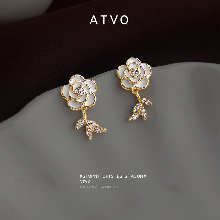 Gold White Enamel Camellia Crystal Leaf Drop Stud Earrings