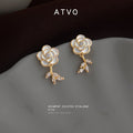 Gold White Enamel Camellia Crystal Leaf Drop Stud Earrings view 1