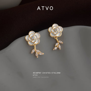 Gold White Camellia and Crystal Leaf Drop Stud Earrings