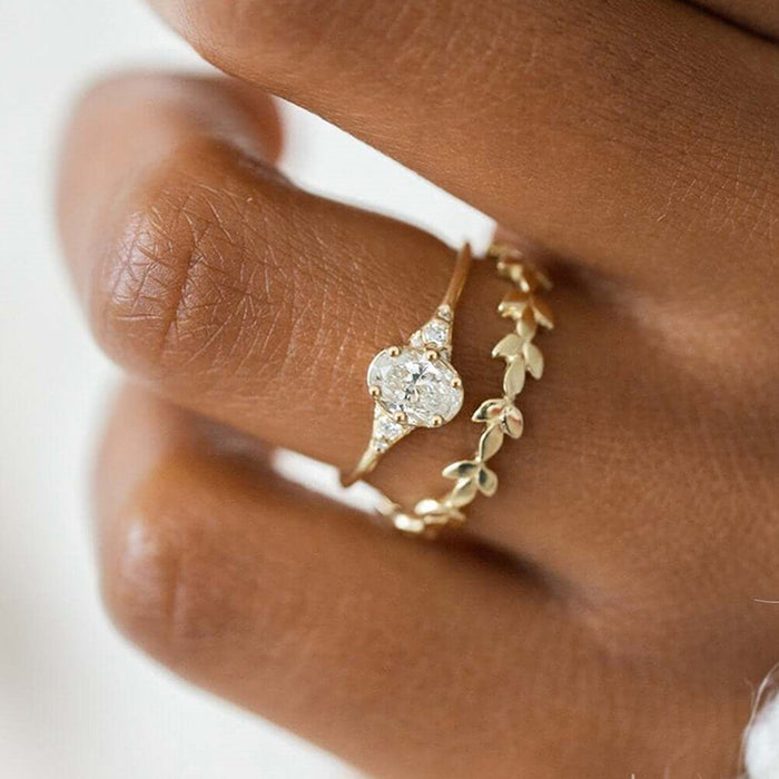 Gold Tone Oval Crystal And Leaf Ring Set Polished Statement Fashion Jewelry