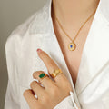 Gold Hammered Round Pendant Necklace Blue Cat Eye Cabochon view 4