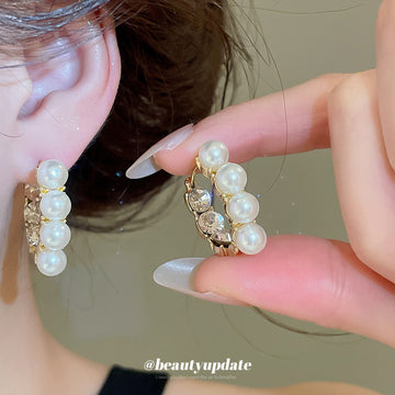 Chunky Gold Tone Hoop Earrings with Pearl Bead Fringe