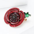 Red Enamel Poppy Flower Brooch Rhinestone Green Leaf Pin view 2
