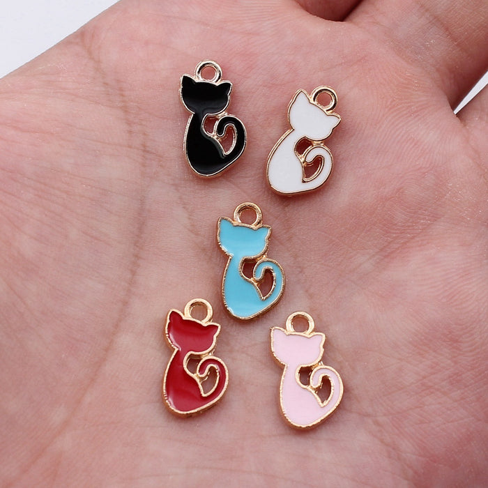Gold Tone Curled Cat Enamel Charms in Five Bright Colors