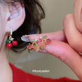 Gold Tone Cherry Stud Earrings with Red Crystal Fruit view 2
