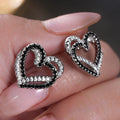Silver Open Heart Stud Earrings Black White CZ Metal view 2