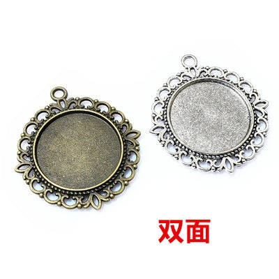 double sided round cabochon pendant frames arranged together on a white background