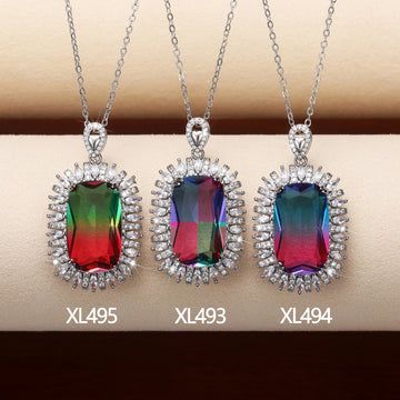 Silver Tone Gradient Crystal Rectangle Pendant Necklace