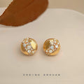 Gold Tone Textured Round Disc And Clear Stone Arc Stud Earrings view 1