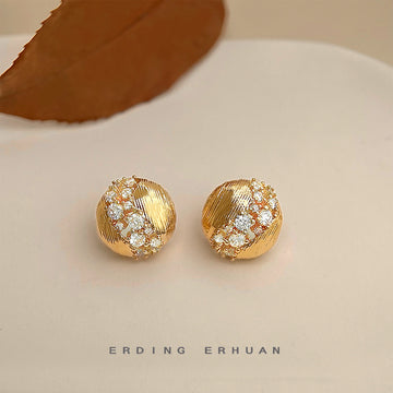 Gold Tone Textured Round Disc And Clear Stone Arc Stud Earrings