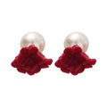Red Fabric Flower and Bow Pearl Stud Earrings in Two Designs view 5