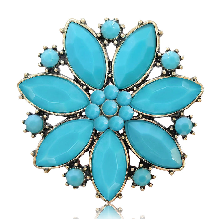 Antique Bronze Round Flower Brooch Turquoise and Red