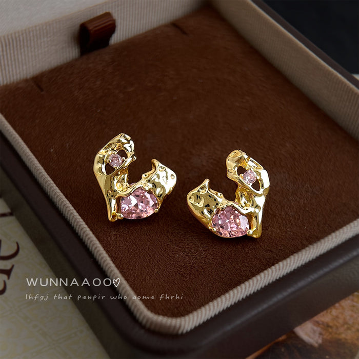 Gold Liquid Heart Openwork Pink Zircon Stud Earrings