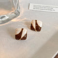 Brown Cream Diagonal Enamel Square Stud Earrings Gold view 1