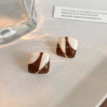 Brown Cream Diagonal Enamel Square Stud Earrings Gold