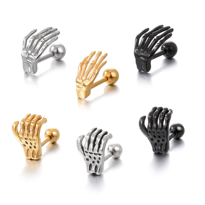 Skeleton Hand Stainless Steel Barbell Stud Earrings in Three Finishes