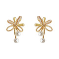 Gold Crystal Bow Stud Earrings Dual White Pearl Drops view 5