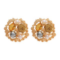 Gold Tone Round Floral Stud Earrings With Pearl Like Accents view 5