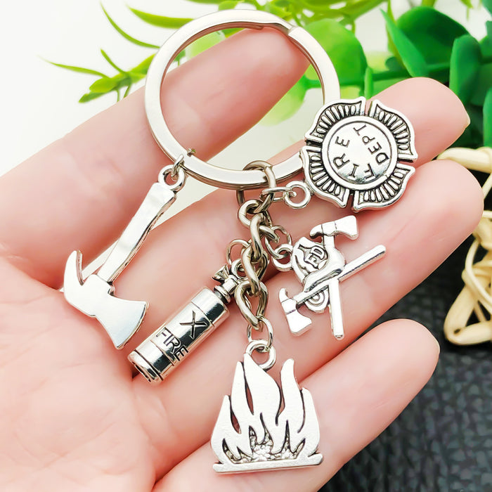 Antique Silver Firefighter Tools and Flame Metal Keychain