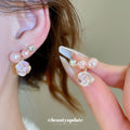Pink Pearl and Crystal Flower Stud Earrings with Faceted Drops view 2