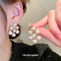 Pink Pearl Cluster Earrings With Crystal Accents Statement Jewelry view 2