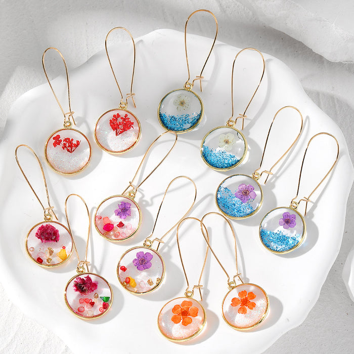 Gold Tone Round Pressed Flower and Glitter Resin Earrings