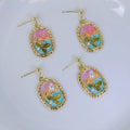 Pink Garden Oval and Rectangle Gold Tone Dangle Earrings view 2