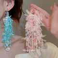 Colorful Shard Cluster Long Dangle Stud Earrings with Polished Metal Details view 1