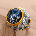 Blue Calligraphic Oval Signet Ring With Two-Tone Bird Details view 5