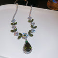 Green Leaf Flower And Teardrop Crystal Earrings And Necklace In Silver Tone view 7
