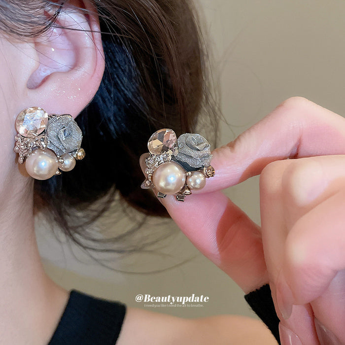 Gray Floral Pearl Stud Earrings with Layered Petal Frames