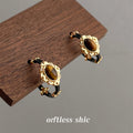 Gold Tone Black Enamel Brown Oval Stone Huggie Hoop Earrings view 4