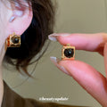 Pair of Metal Tone Gold Tone Square Brown Cabochon Hoop Earrings view 2