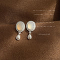 Oval Agate Stud Drop Earrings Silver Tone Pearl Teardrop view 3