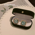 Gold Square Teal Crushed Shell Beaded Frame Stud Earrings view 3