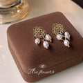 Gold Filigree Stud Earrings Green Accents Pearl Drops view 4