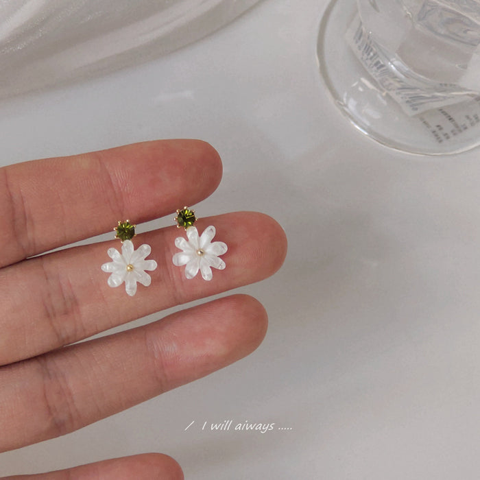 Gold Tone White Daisy Drop Stud Earrings With Green Flower Tops