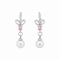 Silver Iris Flower Pink Crystal Pearl Drop Earrings Pair view 5