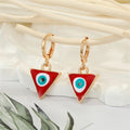 Gold Tone Enamel Heart and Triangle Evil Eye Huggie Drop Earrings view 4