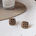 Brown Checkered Enamel Stud Earrings Gold Grid Square Shape view 4
