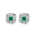 Silver Knot Stud Earrings Green Cushion Center Stone CZ Pavé view 2