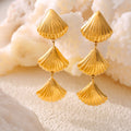 Triple Shell Fan Drop Earrings Gold Tone Stainless Steel view 2