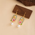 Pink Lotus Window and Pearl Look Long Hook Earrings view 3