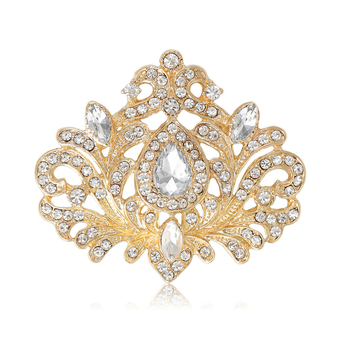 Ornate Crystal Filigree Crown Brooch in Gold and Silver