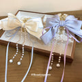Satin Bow Hair Claw With Pearl Like Fringe In Blue White Or Lavender view 4