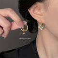 Gold Leverback Green Red Enamel Floral Pearl Earrings view 2