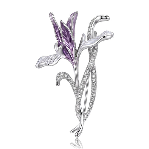 purple enamel orchid brooch, front product view