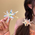Pink Or Blue Starfish Fabric Flower Crystal Duckbill Hair Clip view 1