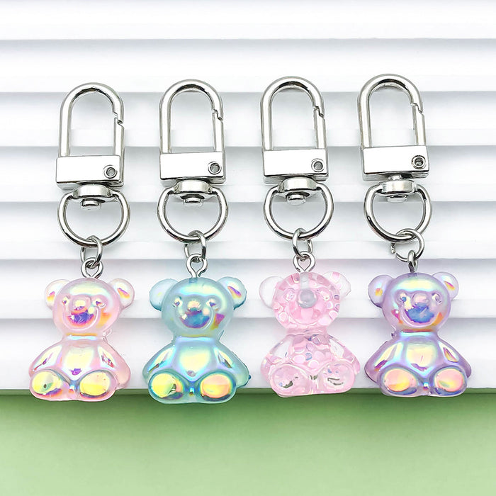 Four-Color Iridescent Bear Keychain Set With Metal Clasps